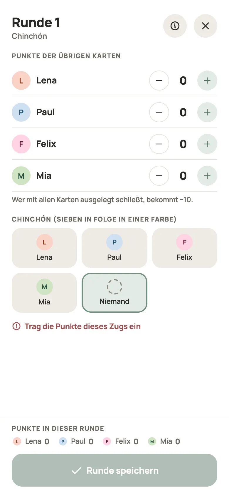 Eine Runde Chinchón in Yazboz Guru eintragen