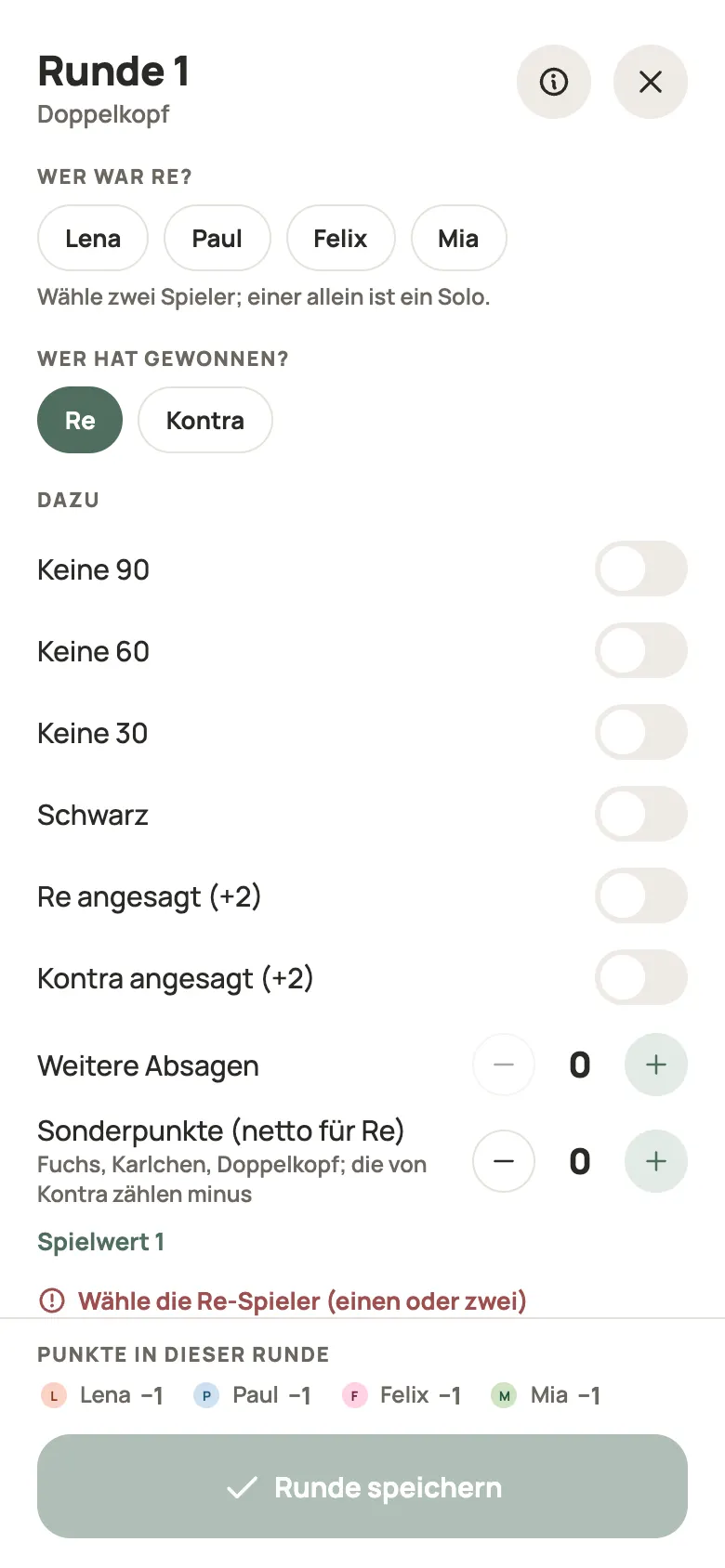 Eine Runde Doppelkopf in Yazboz Guru eintragen