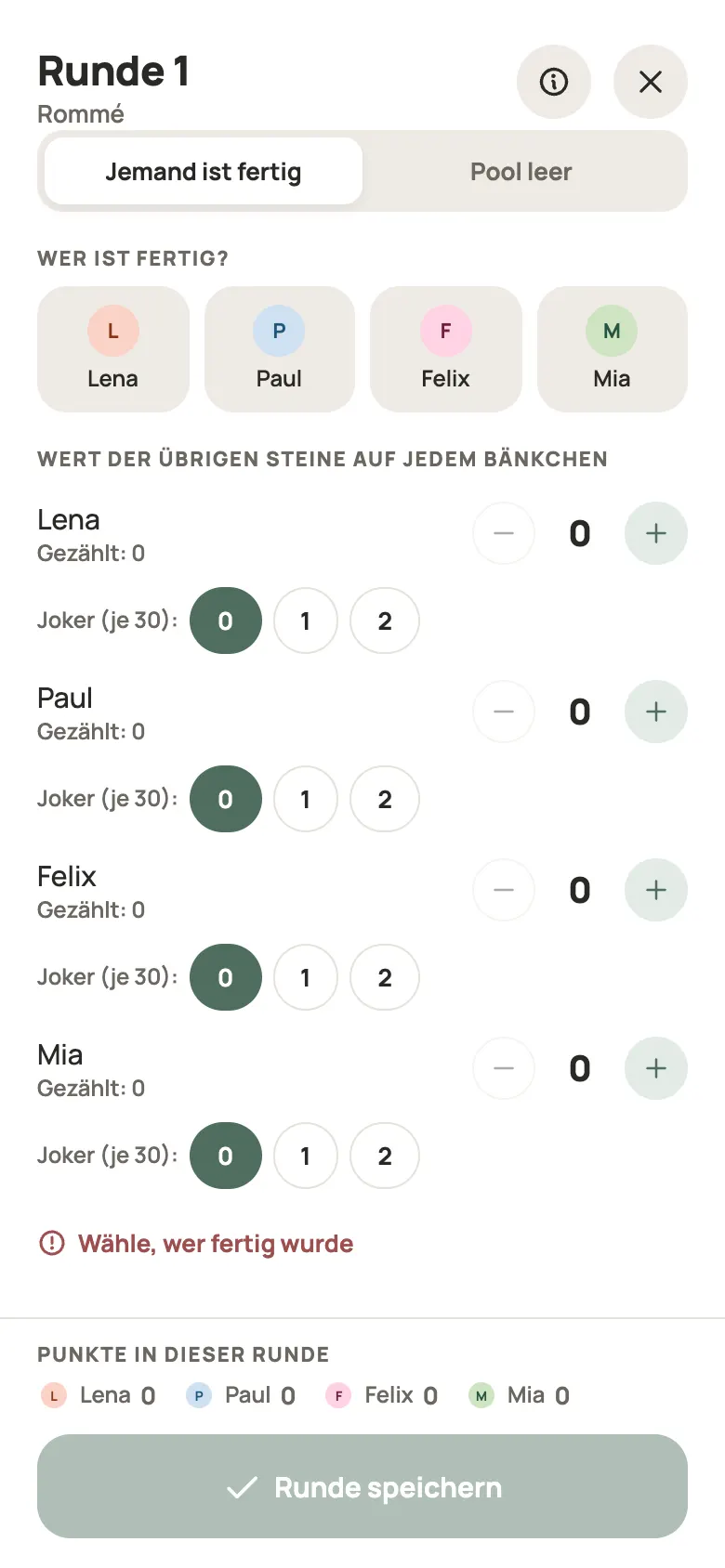Eine Runde Rommé in Yazboz Guru eintragen