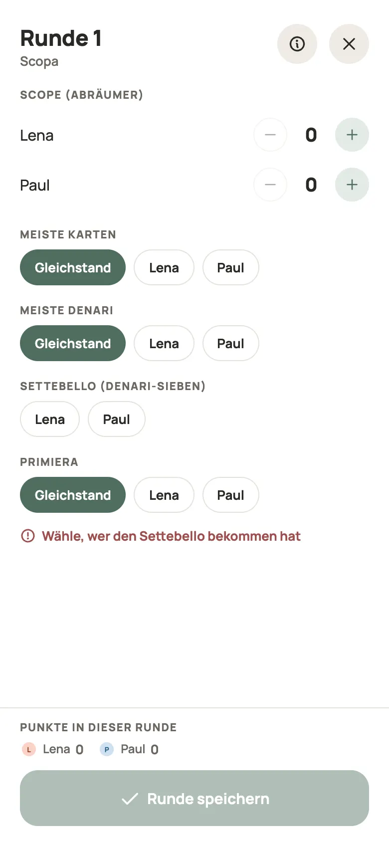 Eine Runde Scopa in Yazboz Guru eintragen
