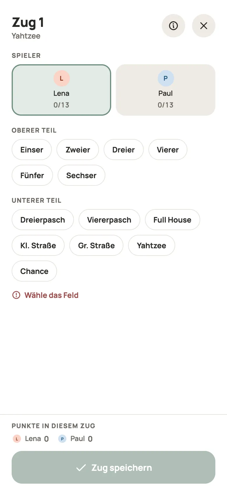 Eine Runde Yahtzee in Yazboz Guru eintragen