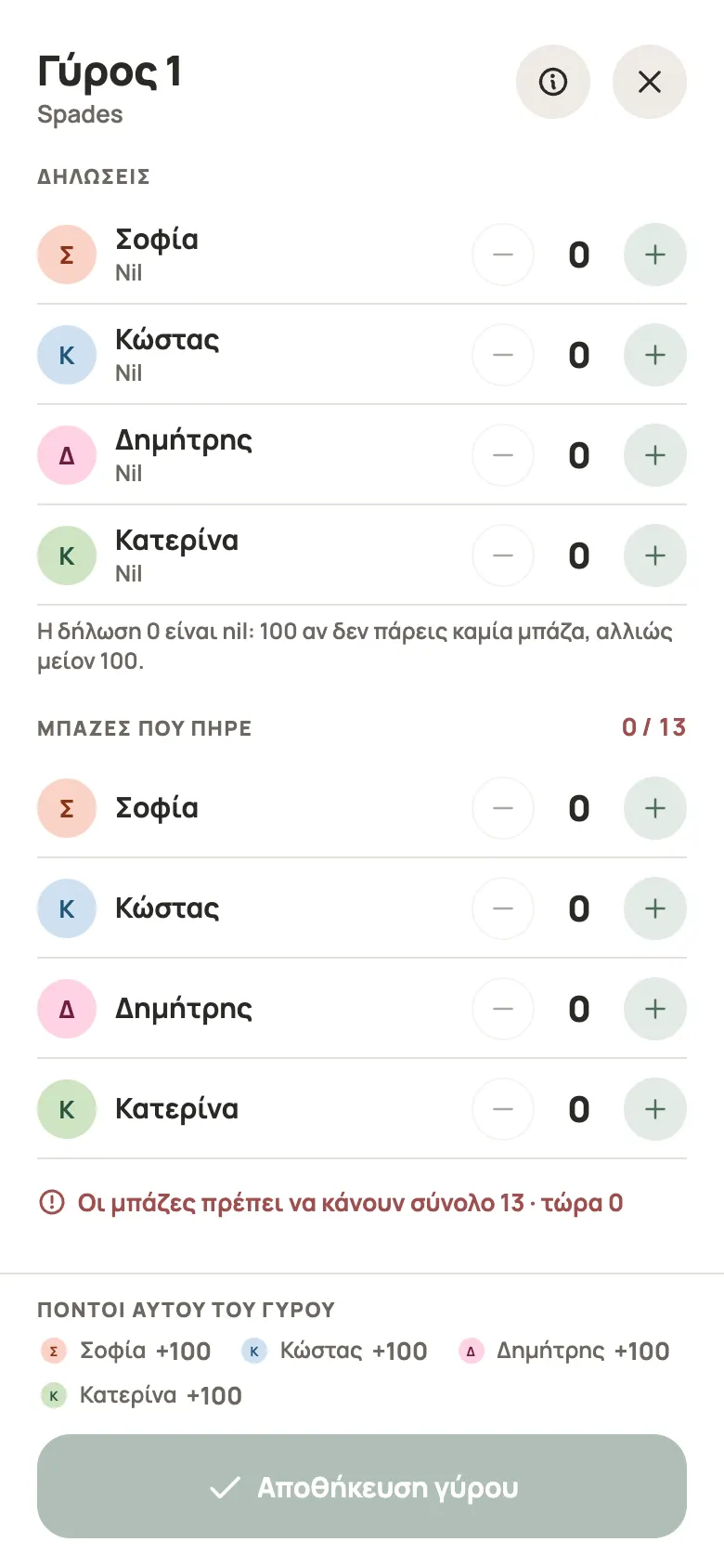 Καταχώριση γύρου για Spades στο Yazboz Guru