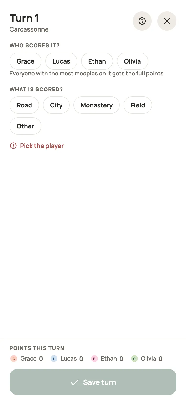 Entering a Carcassonne round in Yazboz Guru
