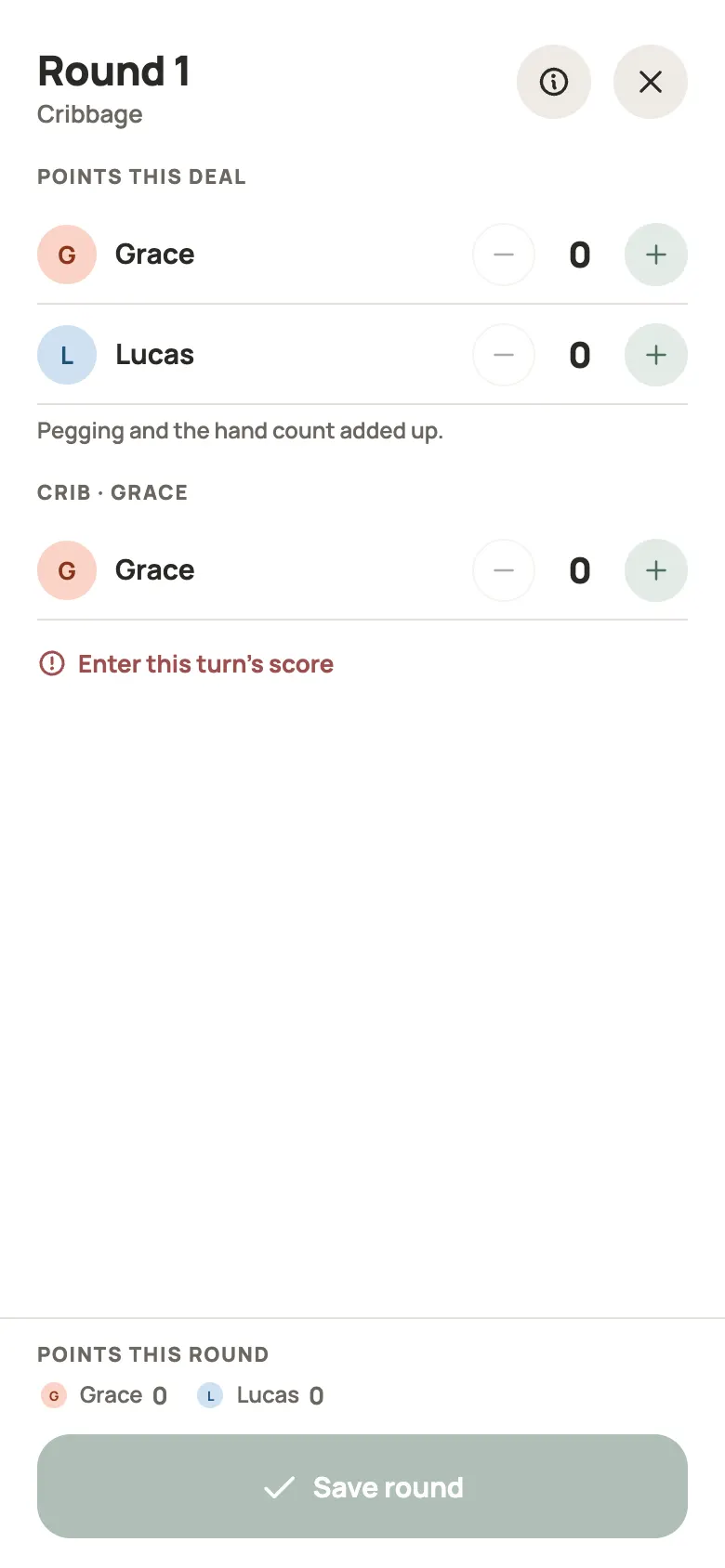 Entering a Cribbage round in Yazboz Guru
