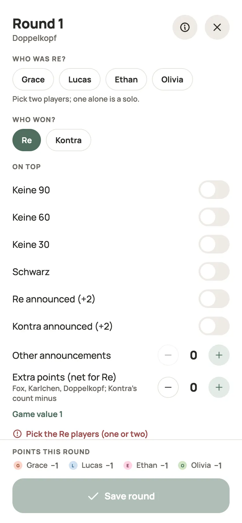 Entering a Doppelkopf round in Yazboz Guru
