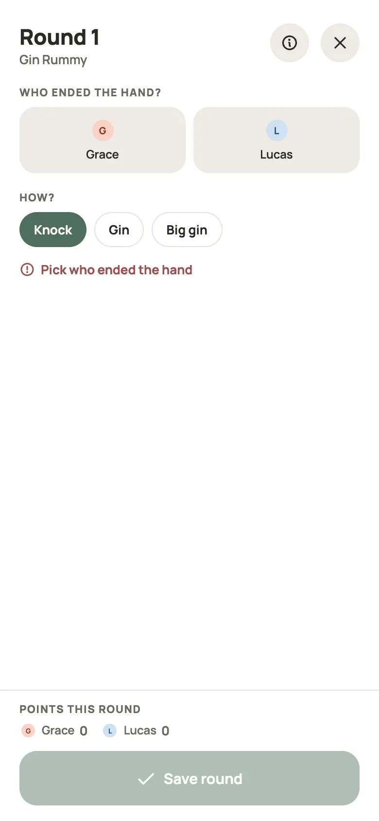 Entering a Gin Rummy round in Yazboz Guru