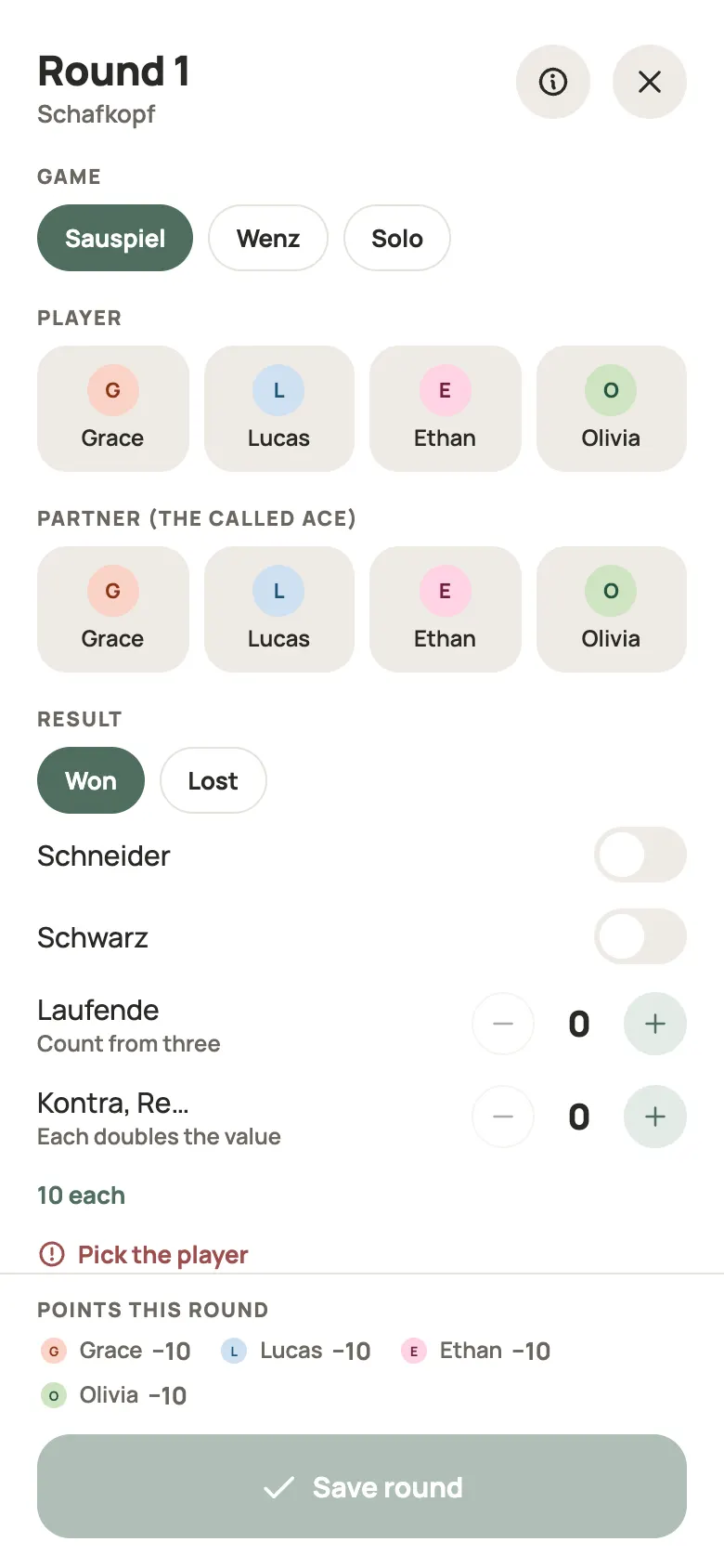 Entering a Schafkopf round in Yazboz Guru