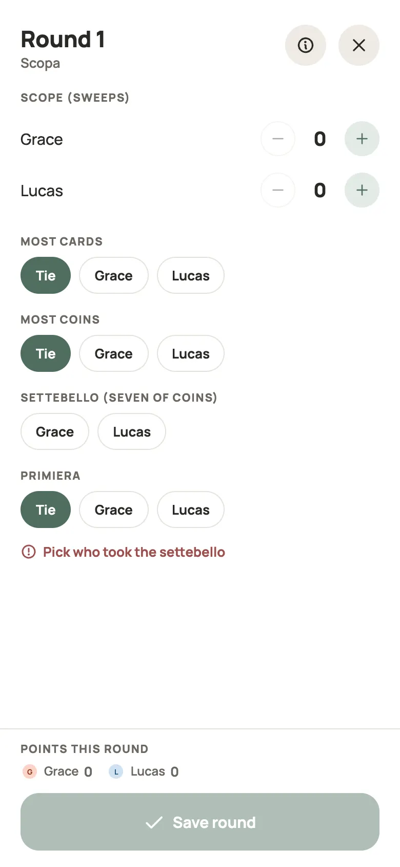 Entering a Scopa round in Yazboz Guru