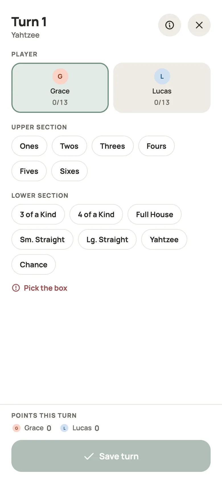 Entering a Yahtzee round in Yazboz Guru