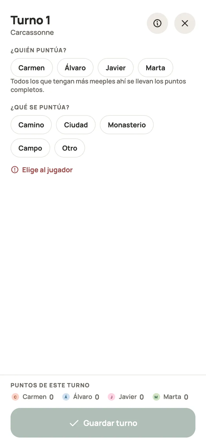 Anotar una ronda de Carcassonne en Yazboz Guru