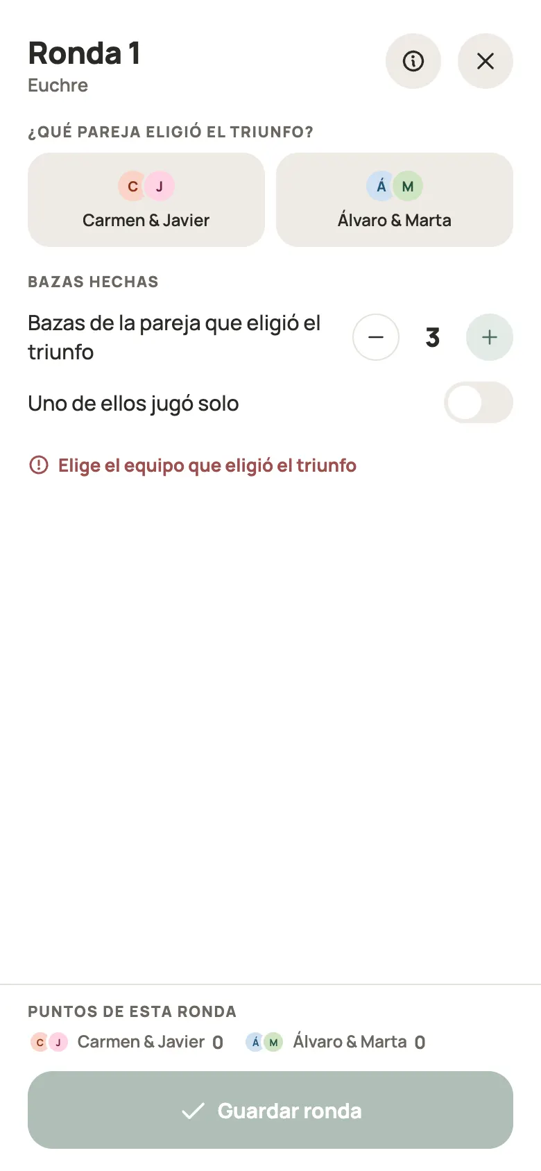 Anotar una ronda de Euchre en Yazboz Guru