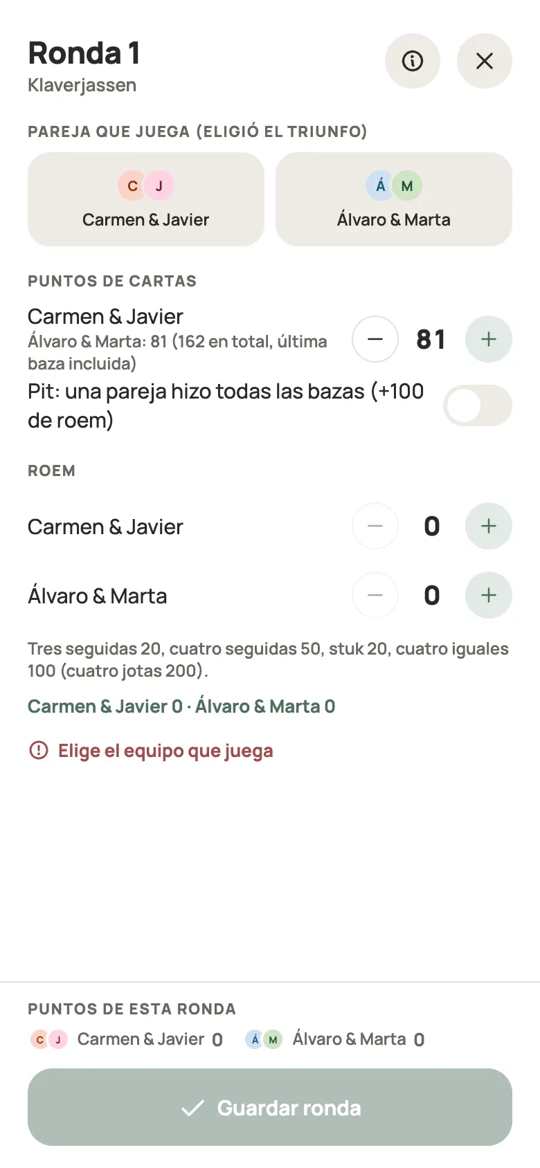 Anotar una ronda de Klaverjassen en Yazboz Guru