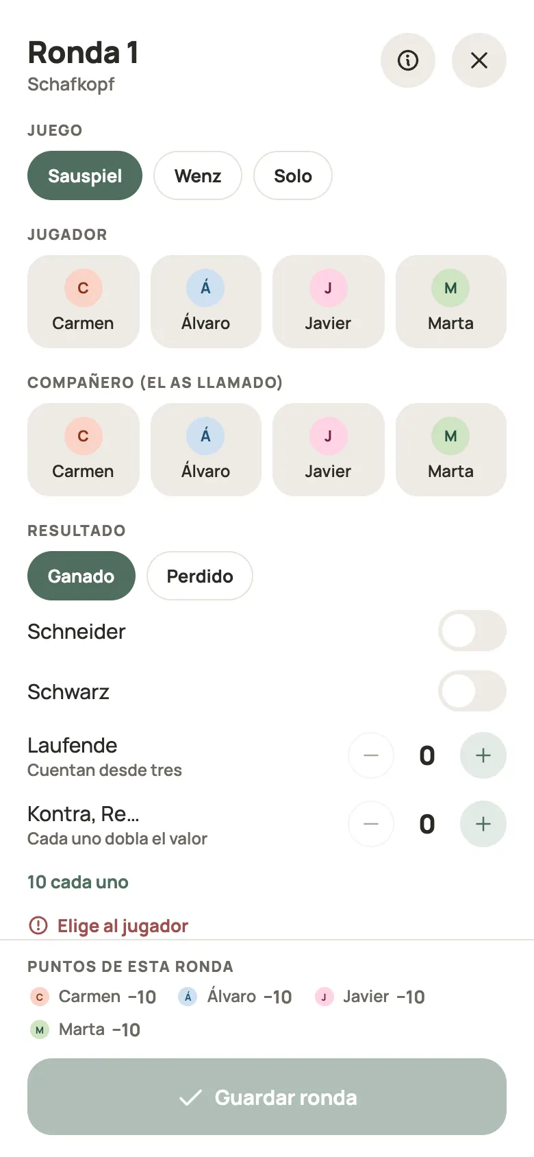 Anotar una ronda de Schafkopf en Yazboz Guru