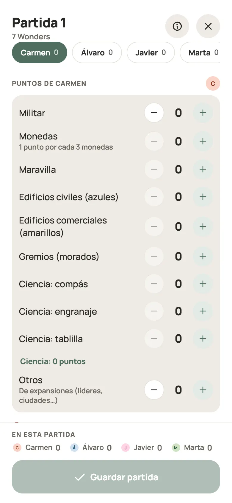 Anotar una ronda de 7 Wonders en Yazboz Guru
