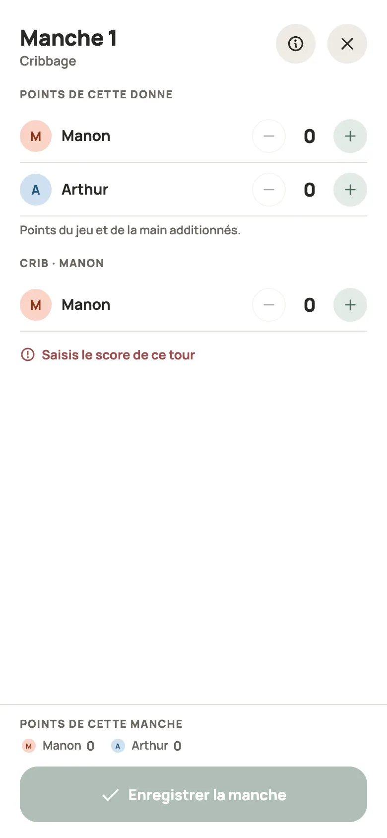 Saisie d’une manche de Cribbage dans Yazboz Guru