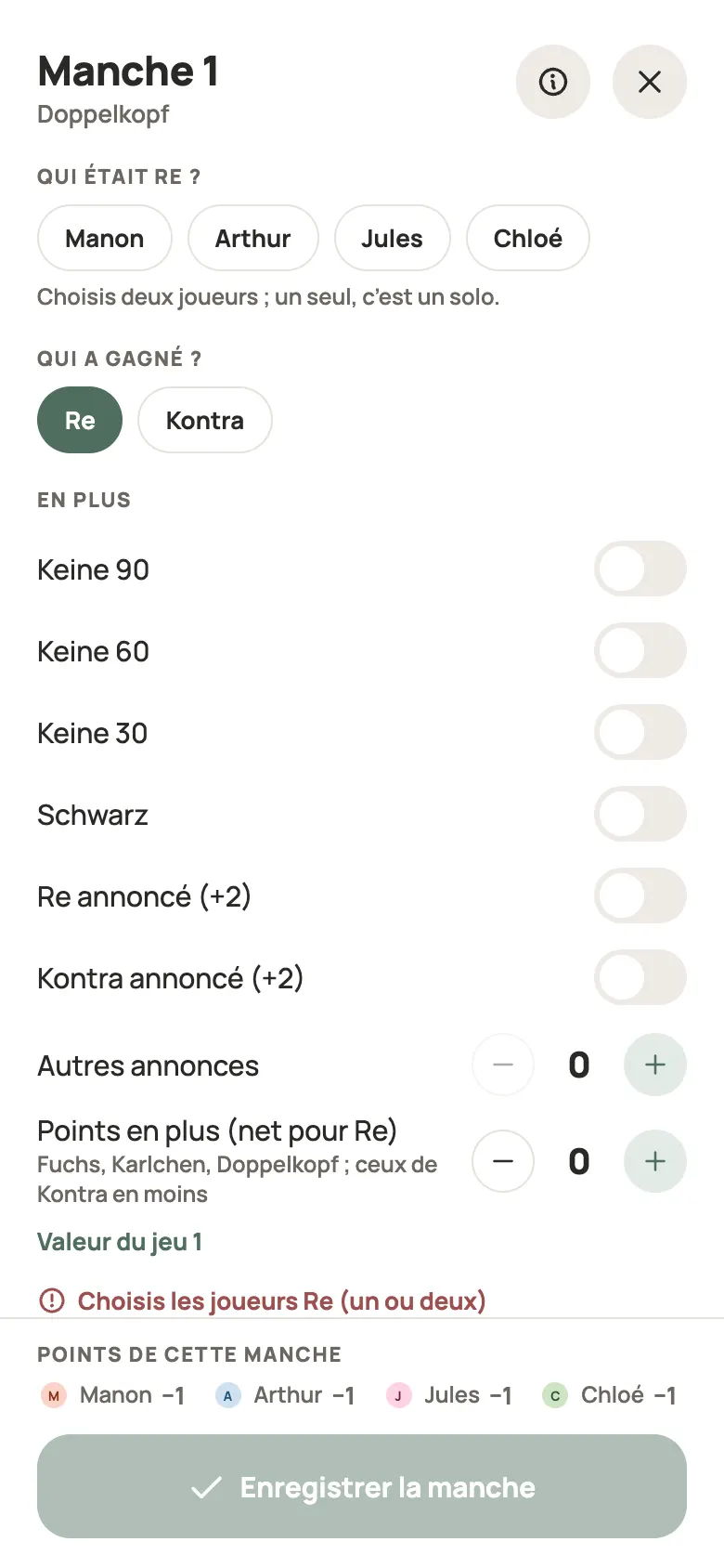 Saisie d’une manche de Doppelkopf dans Yazboz Guru