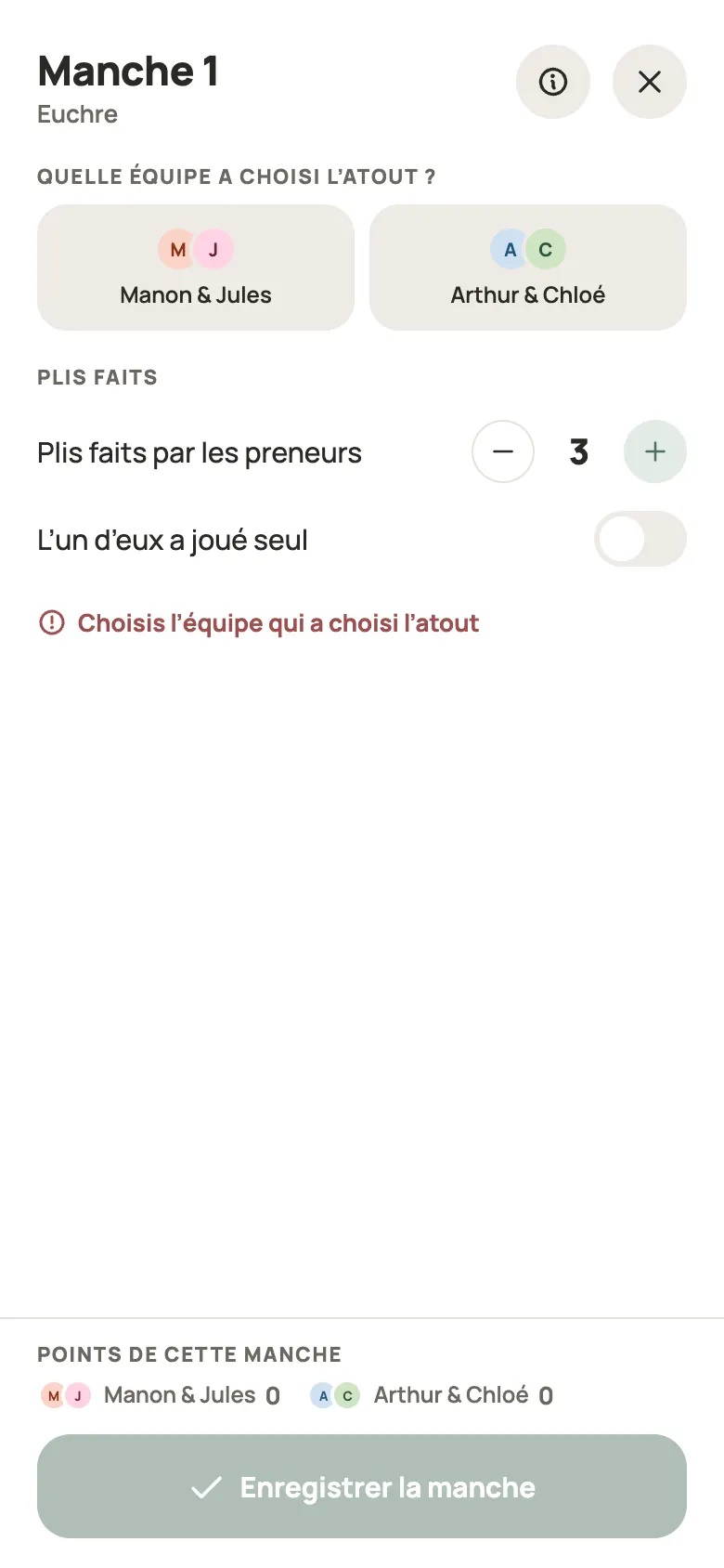 Saisie d’une manche de Euchre dans Yazboz Guru