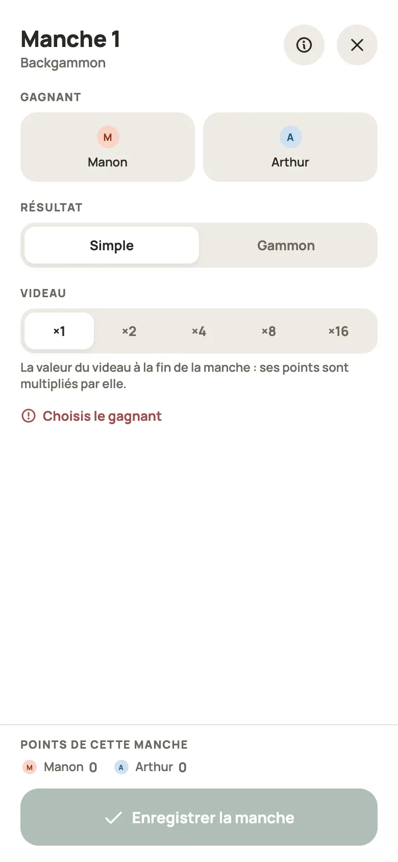 Saisie d’une manche de Backgammon dans Yazboz Guru