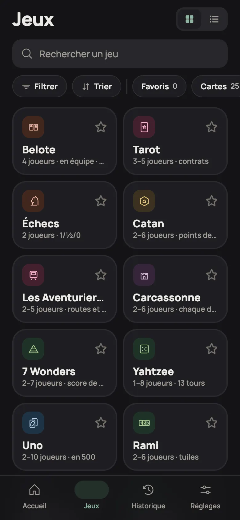 La liste des jeux