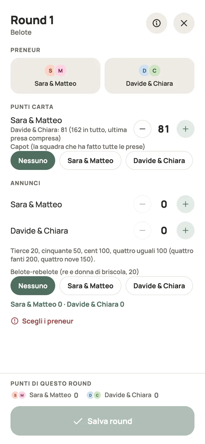 Inserimento di una mano di Belote in Yazboz Guru