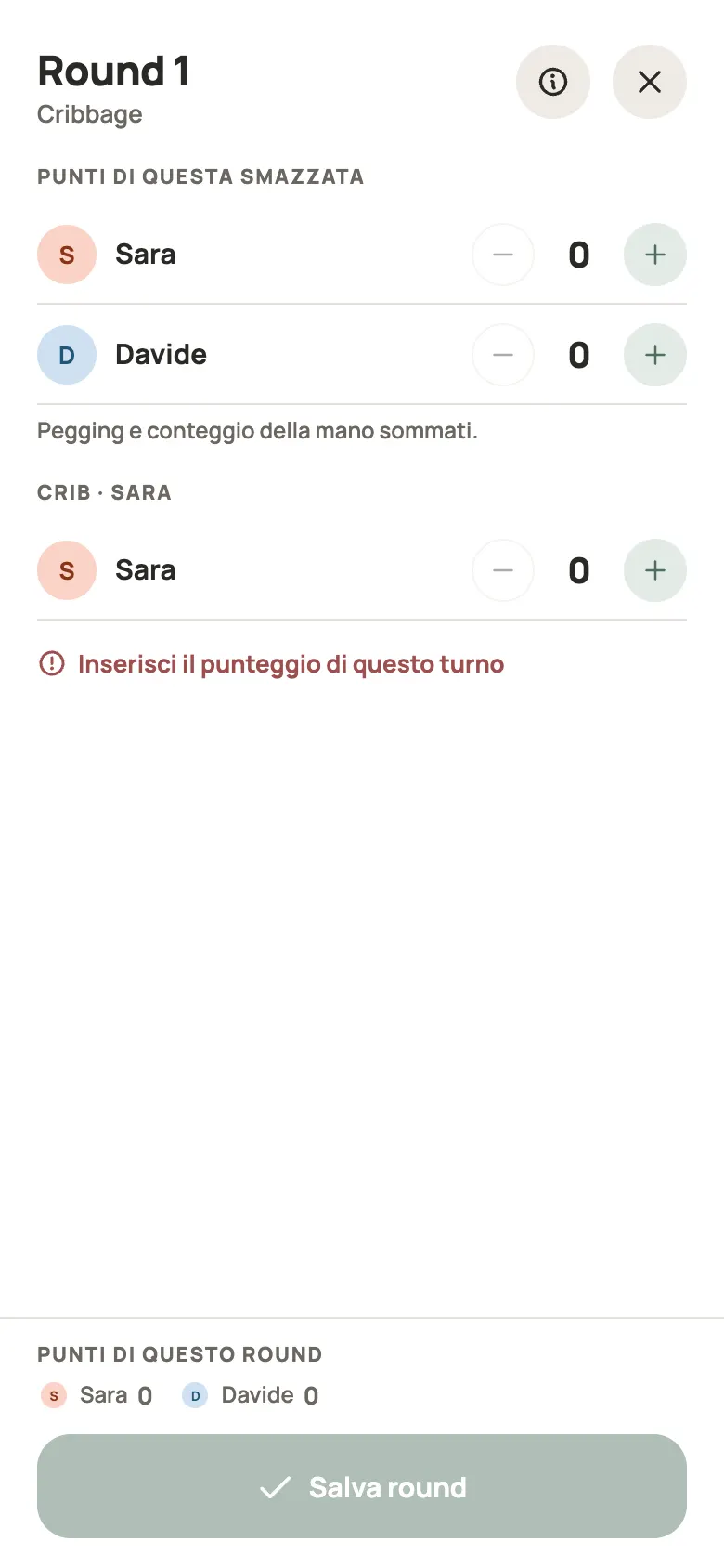 Inserimento di una mano di Cribbage in Yazboz Guru