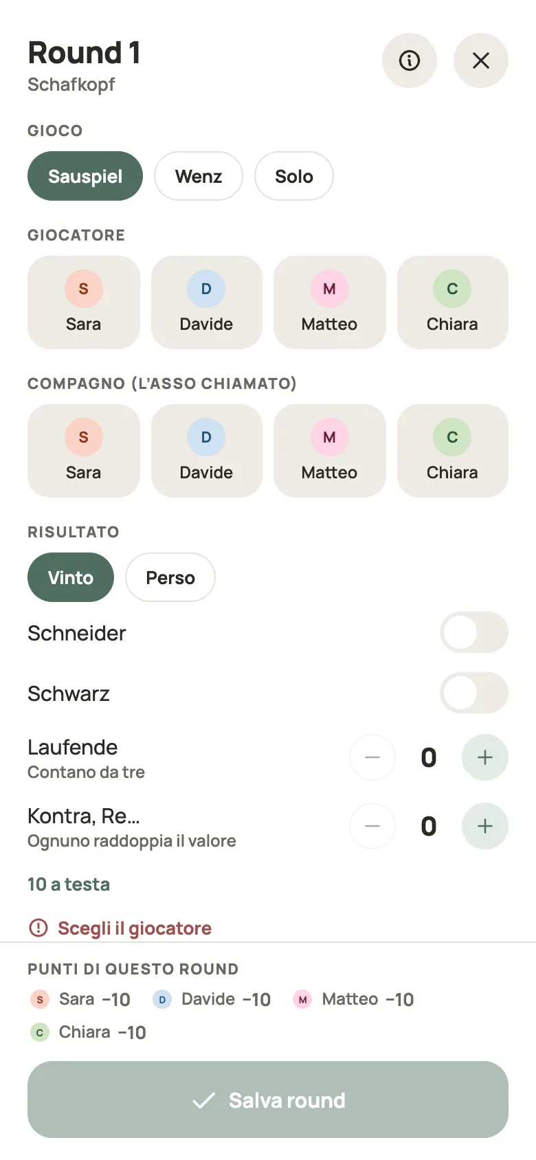 Inserimento di una mano di Schafkopf in Yazboz Guru