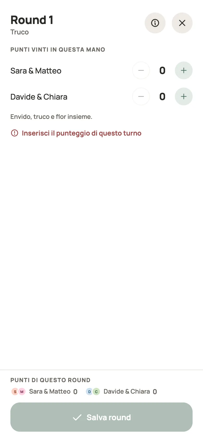 Inserimento di una mano di Truco in Yazboz Guru