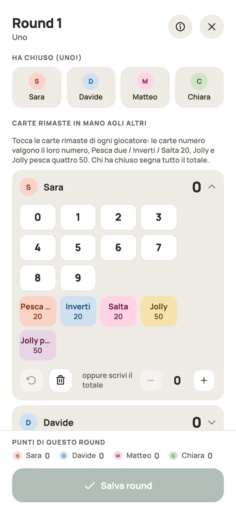 Inserimento di una mano di Uno in Yazboz Guru