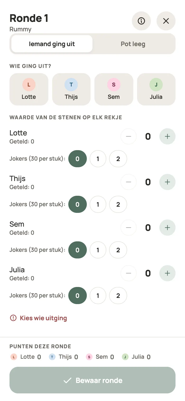Een ronde Rummy invullen in Yazboz Guru