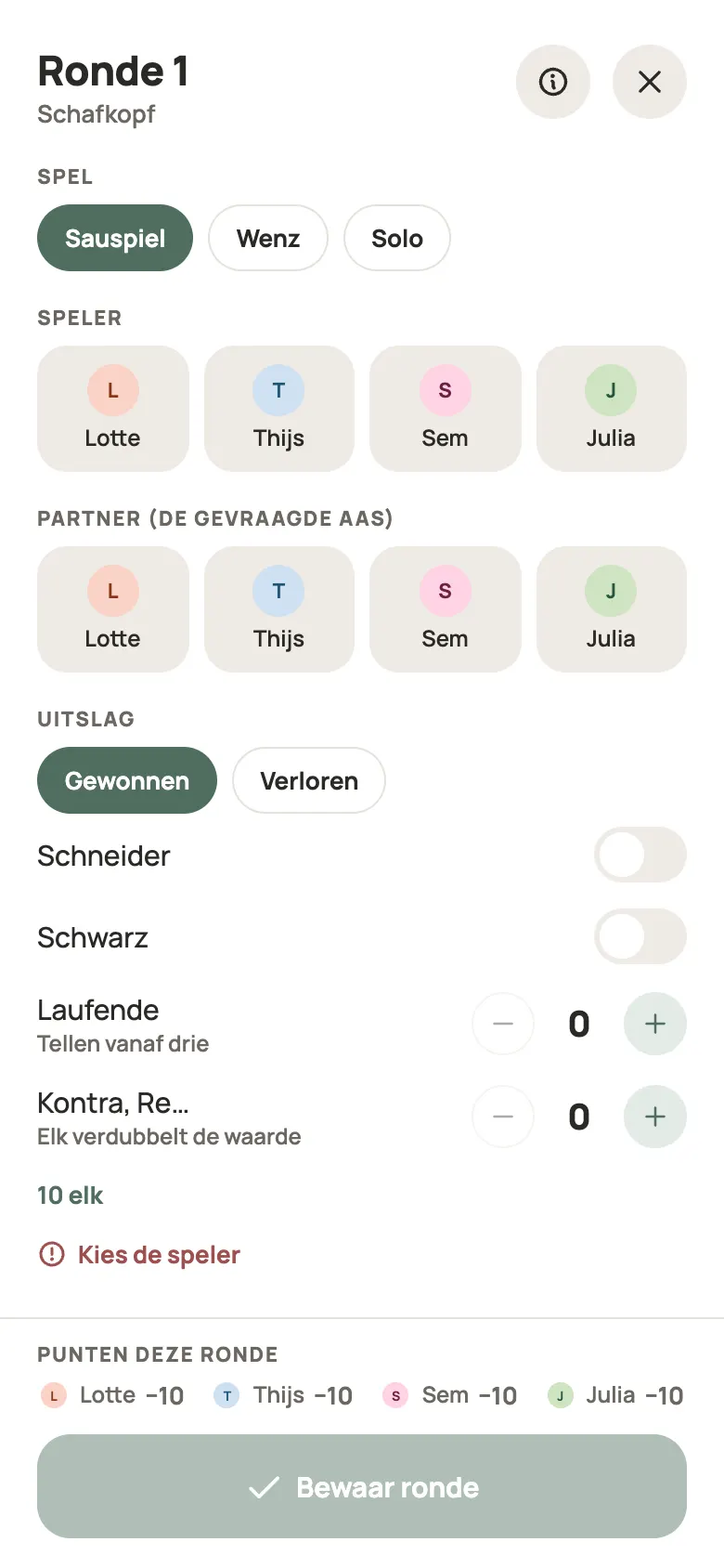 Een ronde Schafkopf invullen in Yazboz Guru
