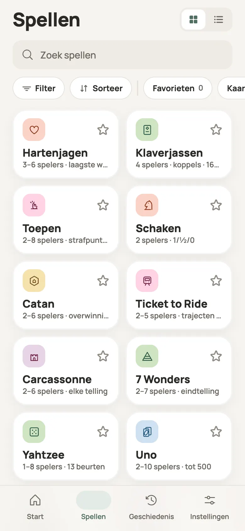 De lijst met spellen