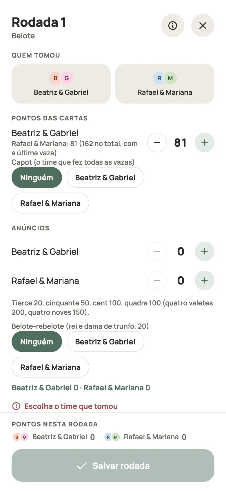Anotando uma rodada de Belote no Yazboz Guru