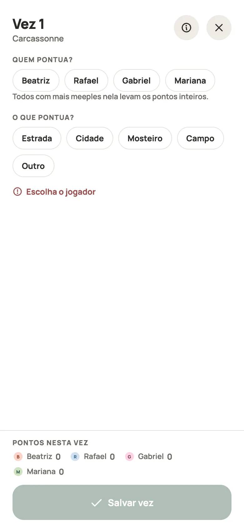 Anotando uma rodada de Carcassonne no Yazboz Guru