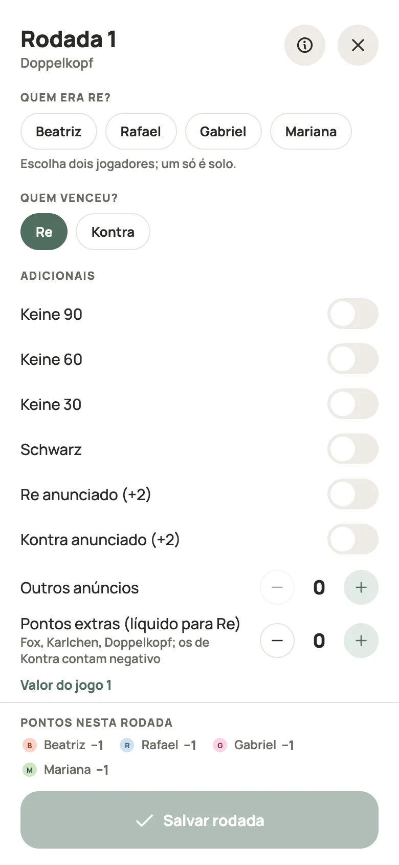Anotando uma rodada de Doppelkopf no Yazboz Guru