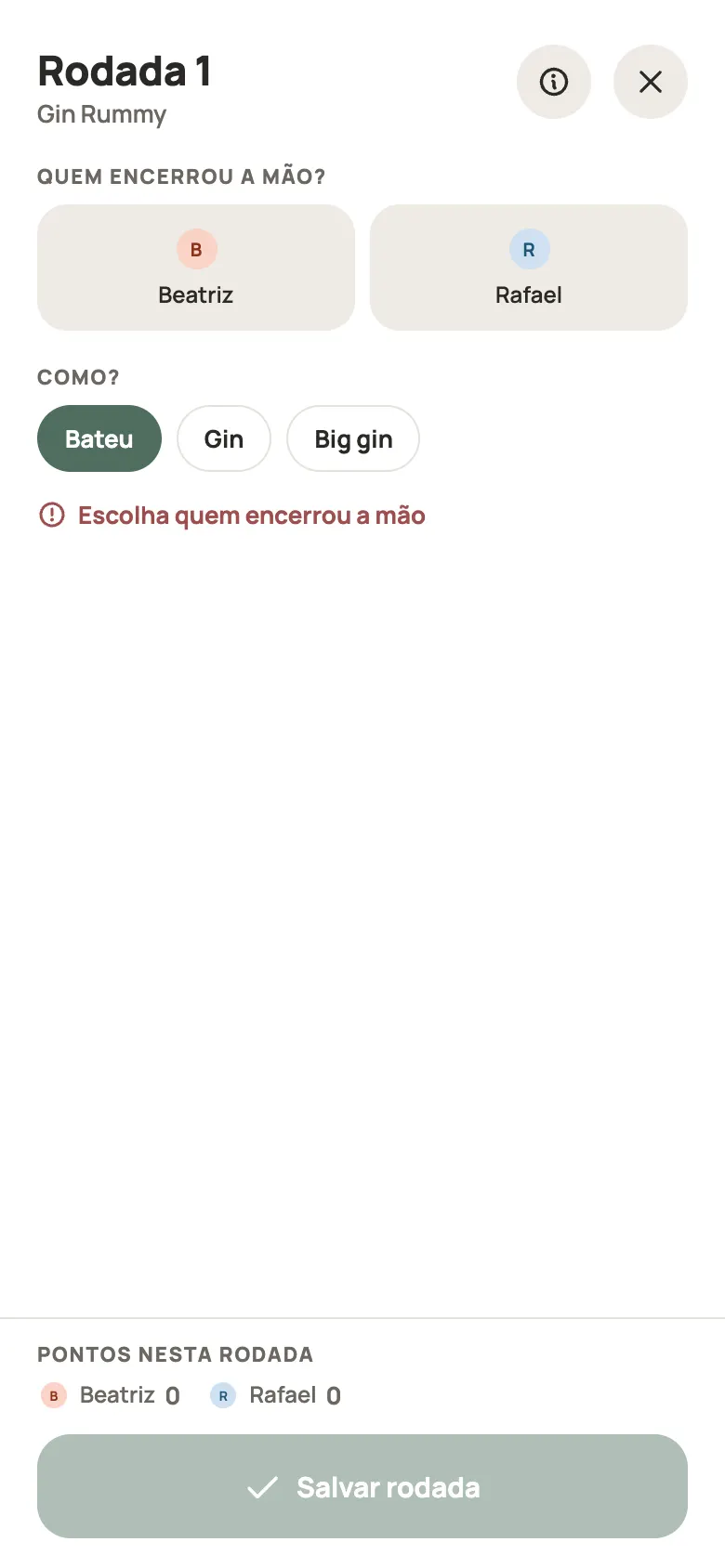 Anotando uma rodada de Gin Rummy no Yazboz Guru