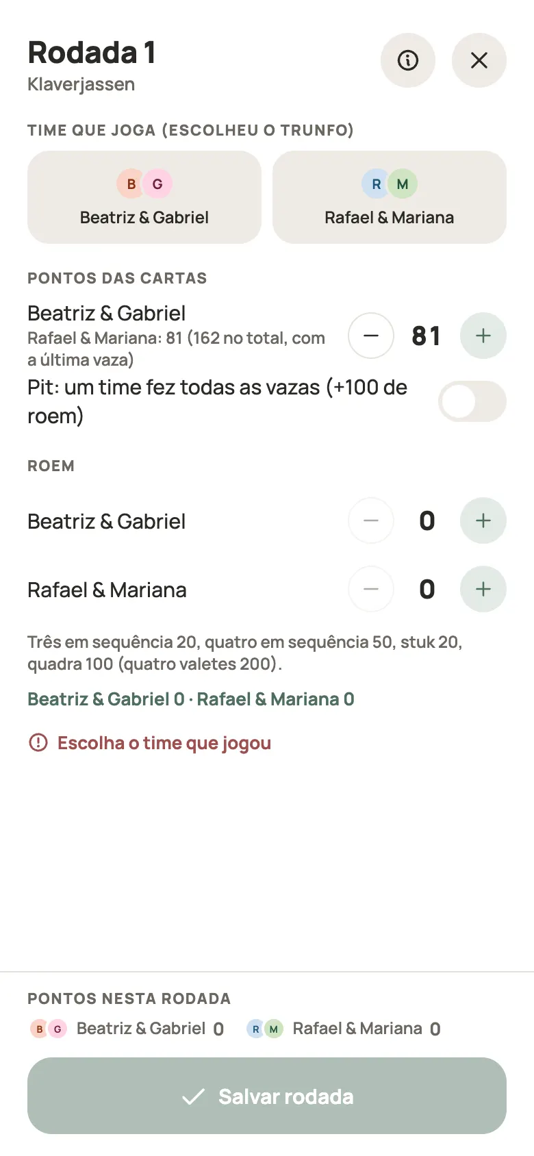 Anotando uma rodada de Klaverjassen no Yazboz Guru