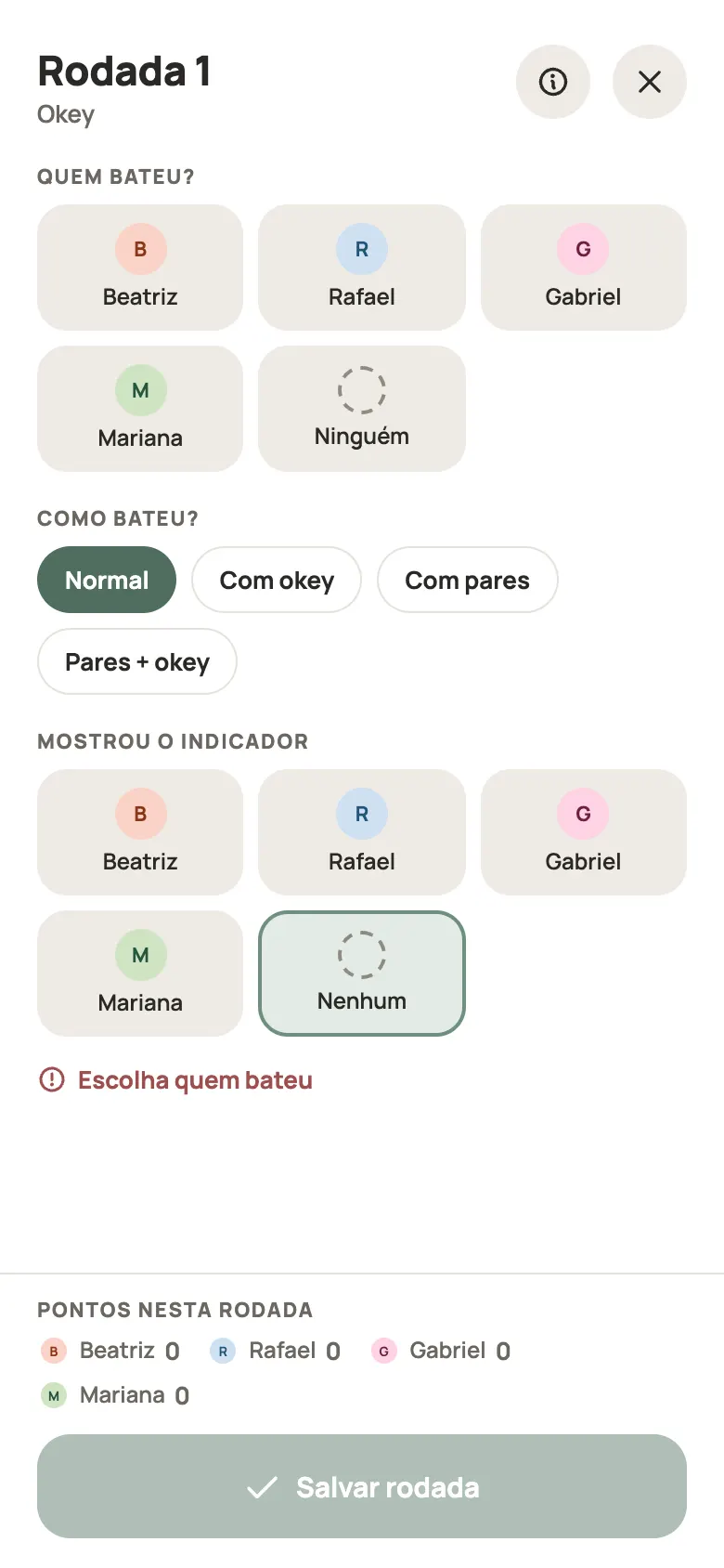 Anotando uma rodada de Okey no Yazboz Guru