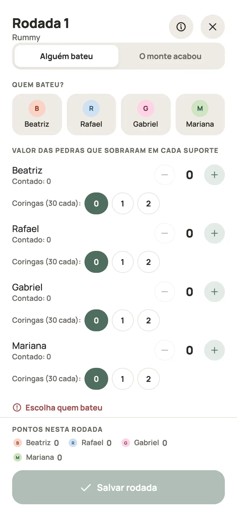 Anotando uma rodada de Rummy no Yazboz Guru