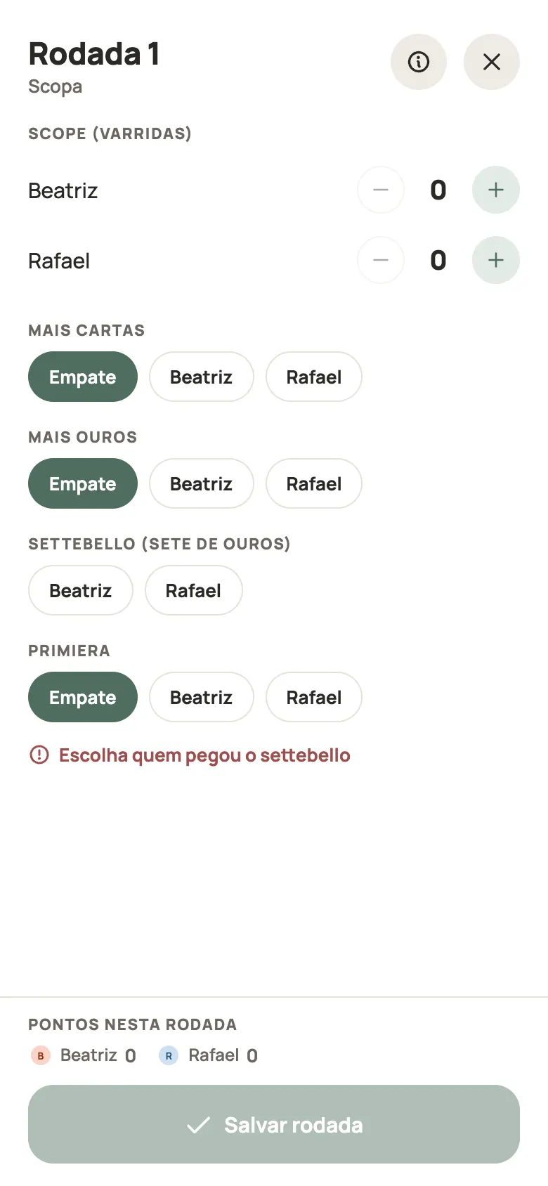 Anotando uma rodada de Scopa no Yazboz Guru