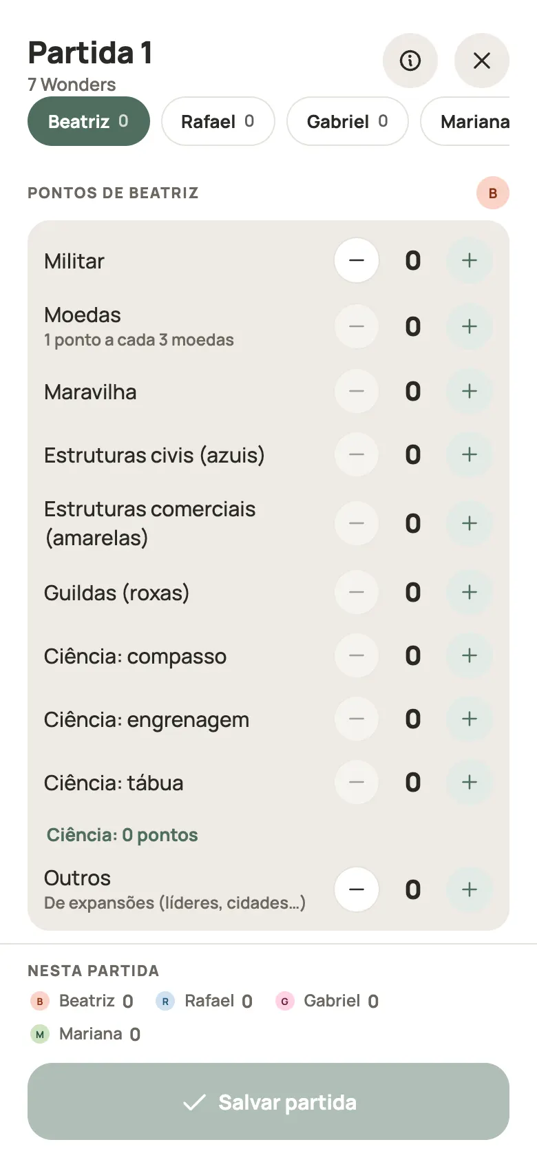 Anotando uma rodada de 7 Wonders no Yazboz Guru