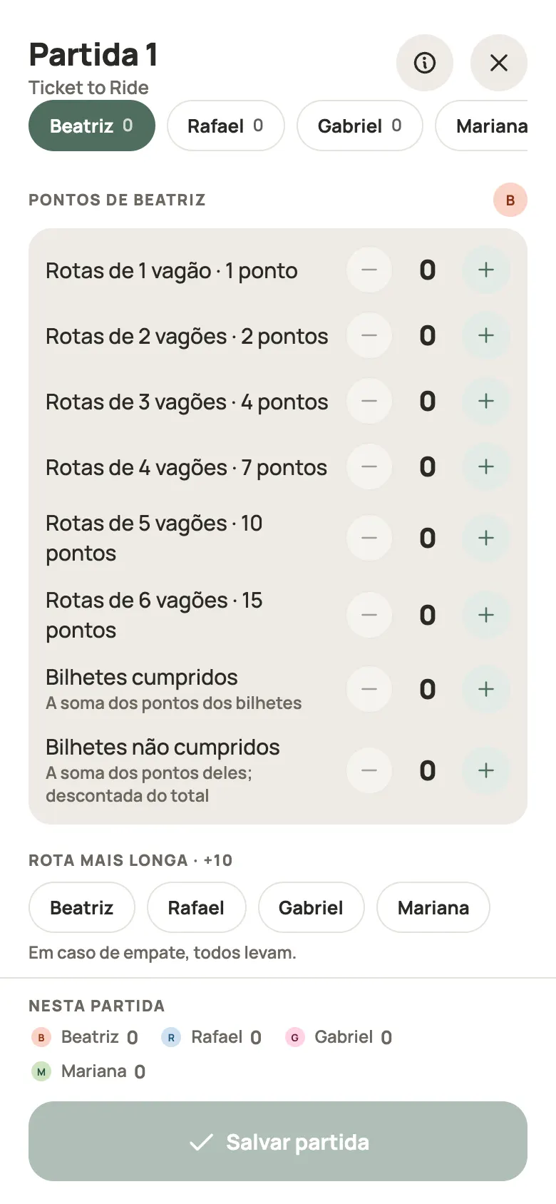 Anotando uma rodada de Ticket to Ride no Yazboz Guru