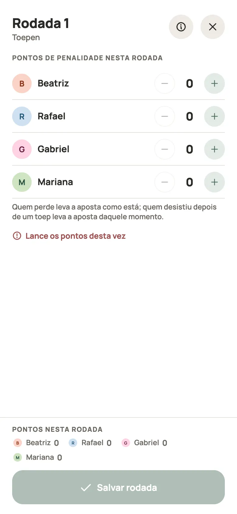 Anotando uma rodada de Toepen no Yazboz Guru