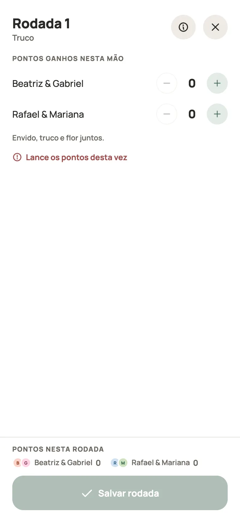 Anotando uma rodada de Truco no Yazboz Guru