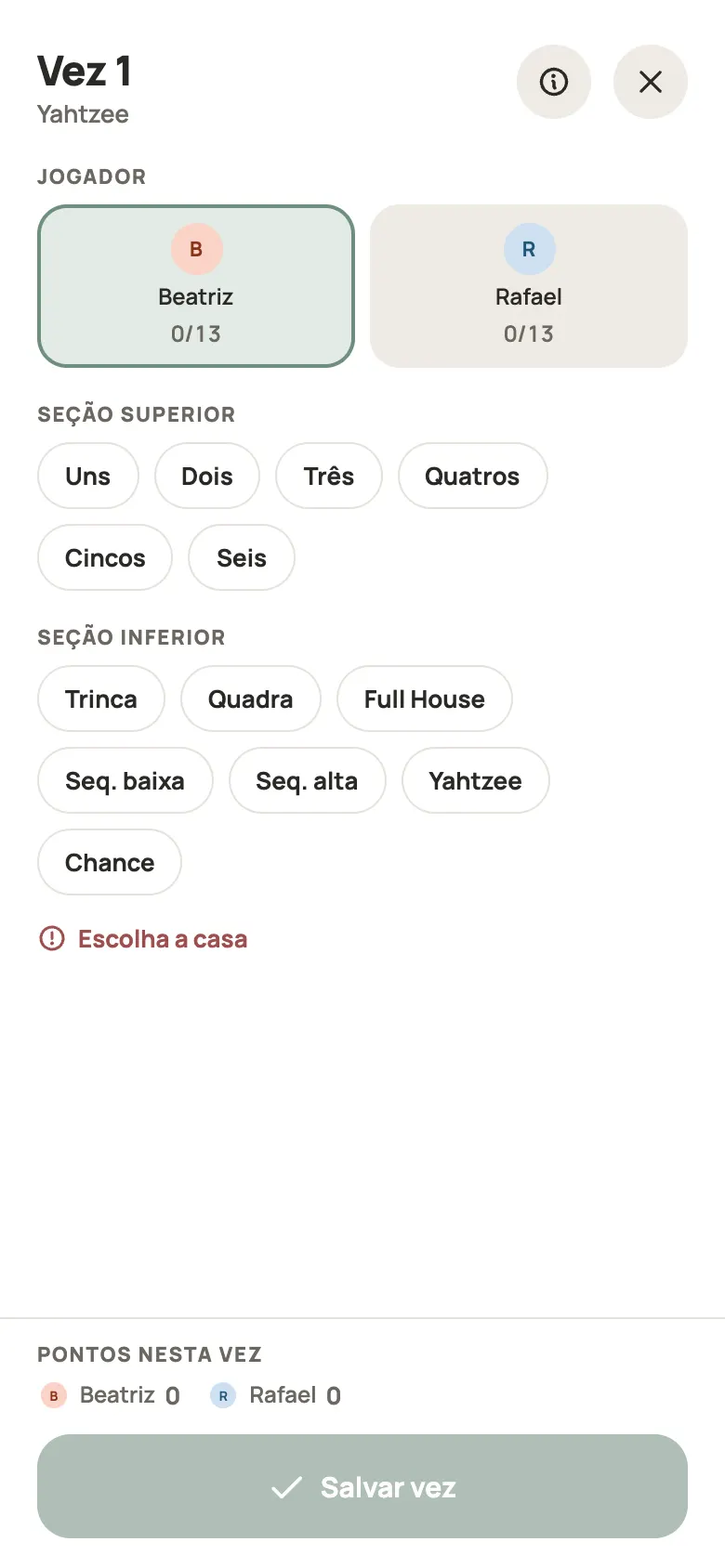 Anotando uma rodada de Yahtzee no Yazboz Guru