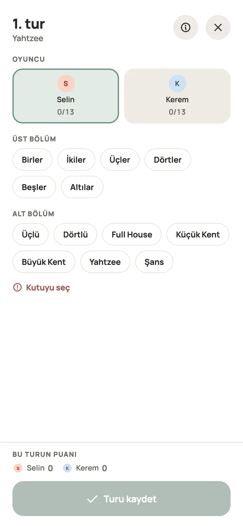 Yazboz Guru’da bir Yahtzee elinin girişi